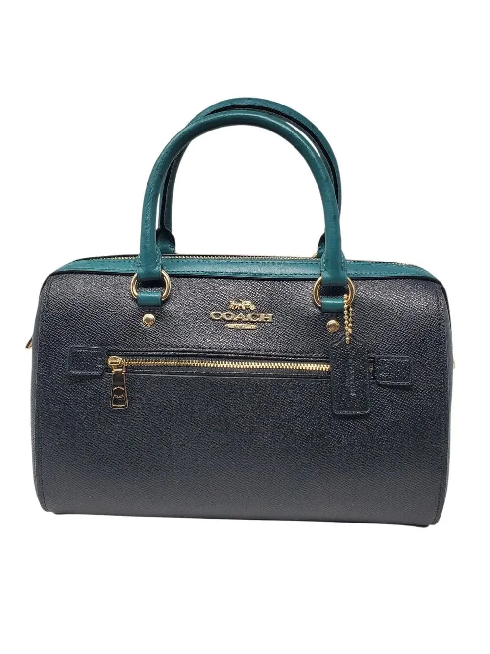 Coach Rowan Satchel Handbag Black Viridian Green Ostrich-Embossed Leather F88033